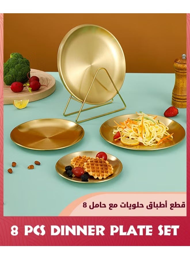 EETU 8-Piece Dessert Plates With Rack,7.2-Inch Appetizer Plate Set,Gold Stainless Steel Round Plates Suitable For Food Serving,Cakes Desserts,Salads,Dips,snacks,Side dishes - Image 4